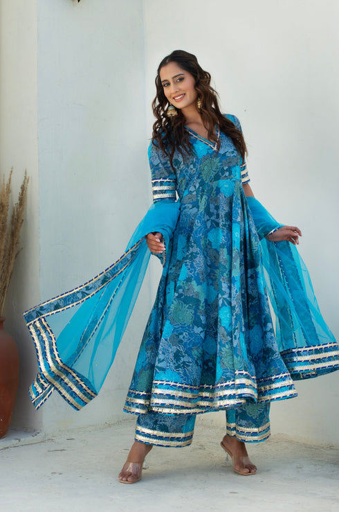 Pomcha Jaipur Blue Cotton Gota Patti Anarkali Set With Soft Net Dupatta